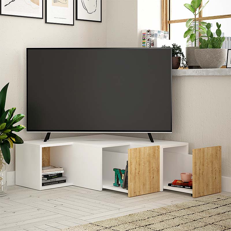 Έπιπλο τηλεόρασης γωνιακό Compact Megapap χρώμα λευκό - sapphire oak 94,2x90,6x31,4εκ.