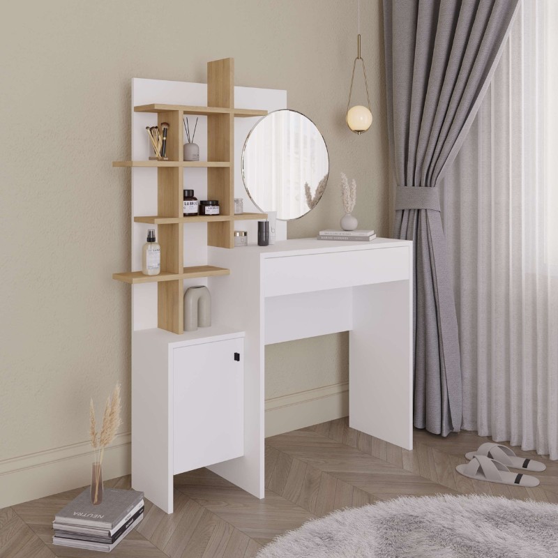 Τουαλέτα με καθρέπτη Mup Megapap χρώμα λευκό - sapphire oak 105x35x151εκ. Τουαλέτα με καθρέπτη Mup Megapap χρώμα λευκό - sapphire oak 105x35x151εκ.