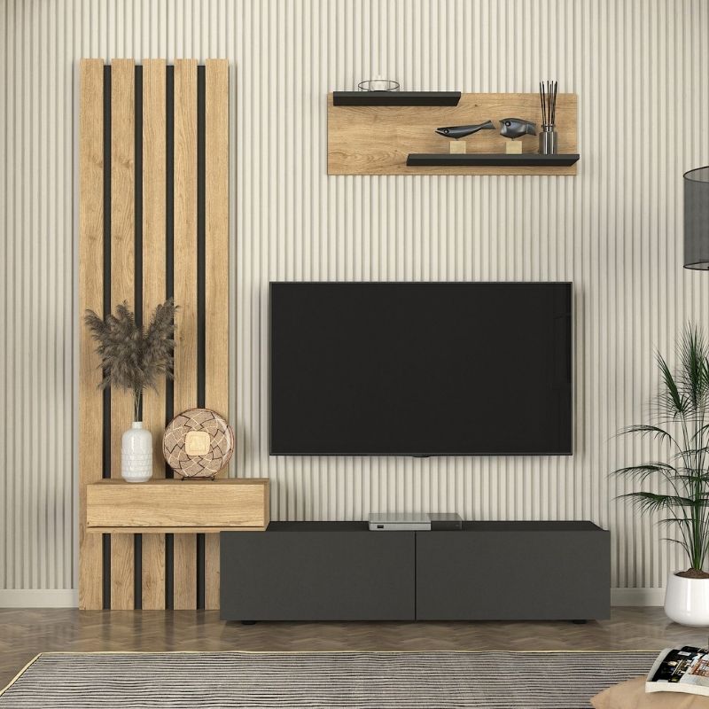 Σύνθεση τηλεόρασης Rosaline Megapap χρώμα ανθρακί - sepet oak 183x31,3x196,9εκ. Σύνθεση τηλεόρασης Rosaline Megapap χρώμα ανθρακί - sepet oak 183x31,3x196,9εκ.