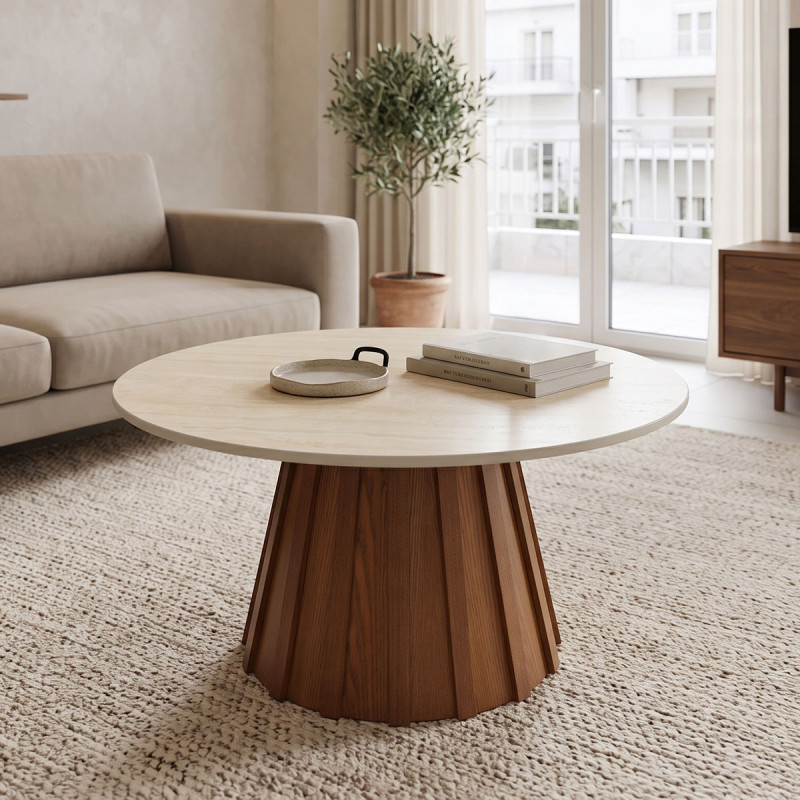 Τραπέζι σαλονιού Franzel pakoworld sintered stone σε όψη τραβερτίνας-mdf σε καρυδι Φ80x40εκ ** Τραπέζι σαλονιού Franzel pakoworld sintered stone σε όψη τραβερτίνας-mdf σε καρυδι Φ80x40εκ **