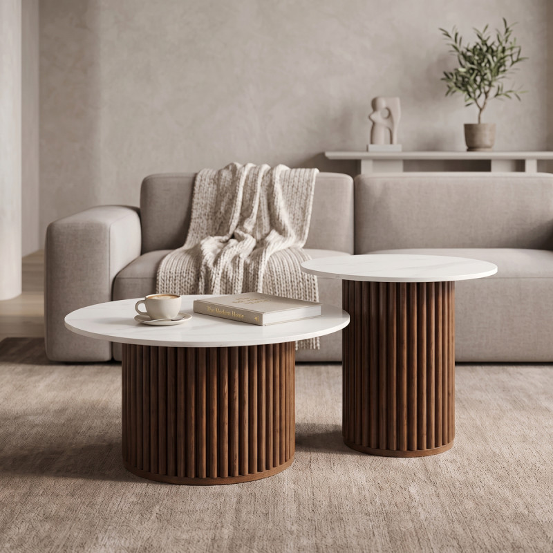 Τραπέζι σαλονιού Skerta pakoworld σετ 2τεμ λευκό sintered stone mdf με καρυδί βάση ** Τραπέζι σαλονιού Skerta pakoworld σετ 2τεμ λευκό sintered stone mdf με καρυδί βάση **