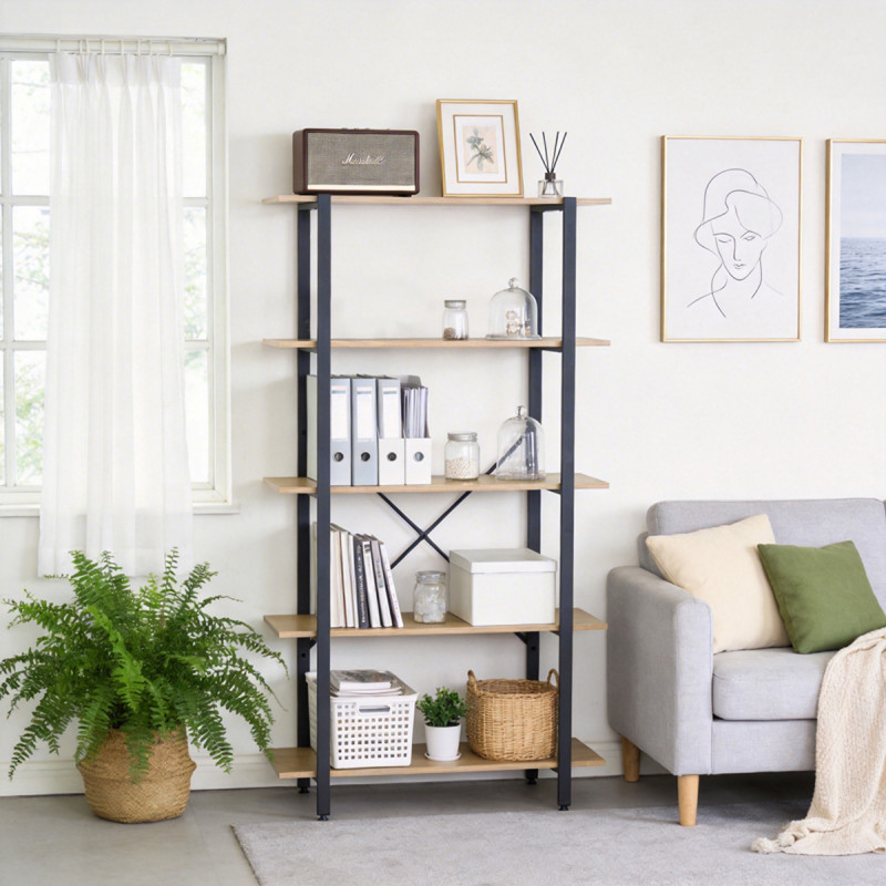 Βιβλιοθήκη Nebranzo pakoworld oak με μαύρο μέταλλο 80x34x155.3εκ ** Βιβλιοθήκη Nebranzo pakoworld oak με μαύρο μέταλλο 80x34x155.3εκ **
