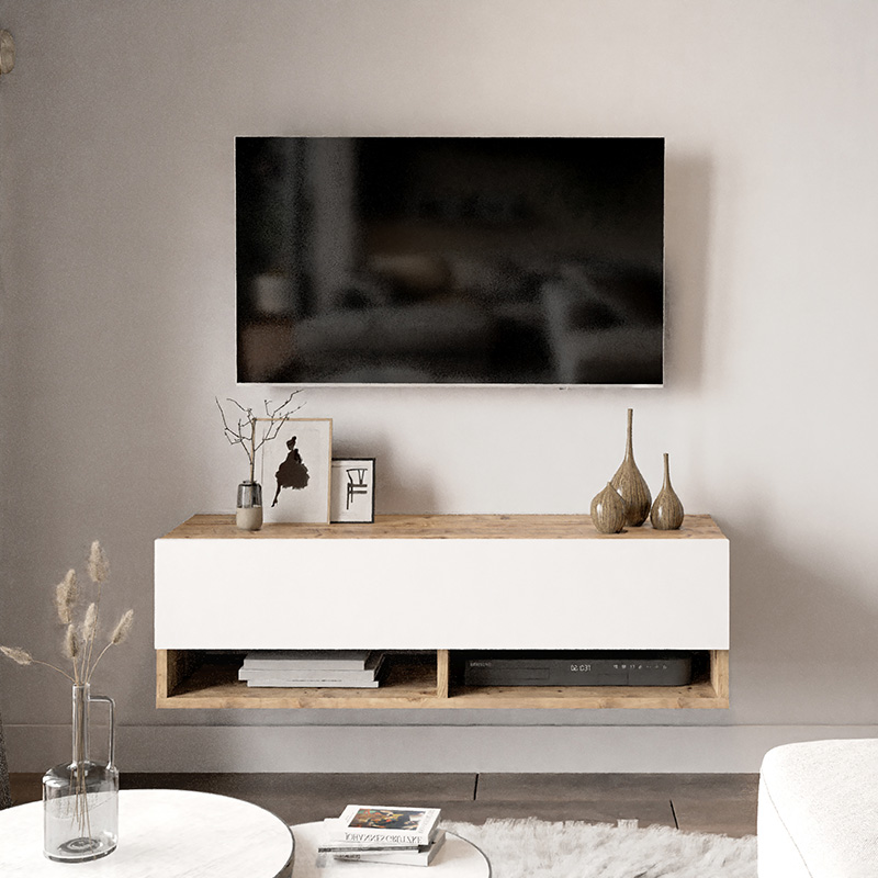 Έπιπλο τηλεόρασης επιτοίχιο Roscoe pakoworld λευκό-oak 100x31.5x29.5εκ ** Έπιπλο τηλεόρασης επιτοίχιο Roscoe pakoworld λευκό-oak 100x31.5x29.5εκ **