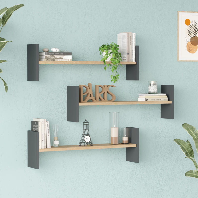 Ραφιέρα τοίχου Mento pakoworld oak με ανθρακί 75,6x14,5x23,6εκ ** Ραφιέρα τοίχου Mento pakoworld oak με ανθρακί 75,6x14,5x23,6εκ **