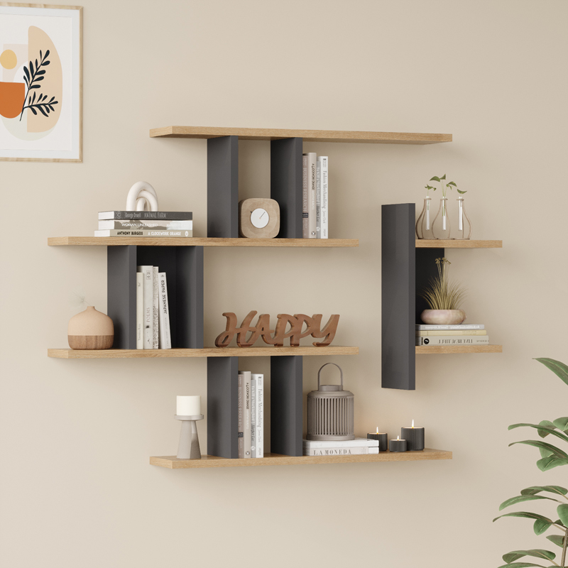 Ραφιέρα τοίχου Ledia pakoworld oak με ανθρακί 110,6x14,5x78εκ ** Ραφιέρα τοίχου Ledia pakoworld oak με ανθρακί 110,6x14,5x78εκ **