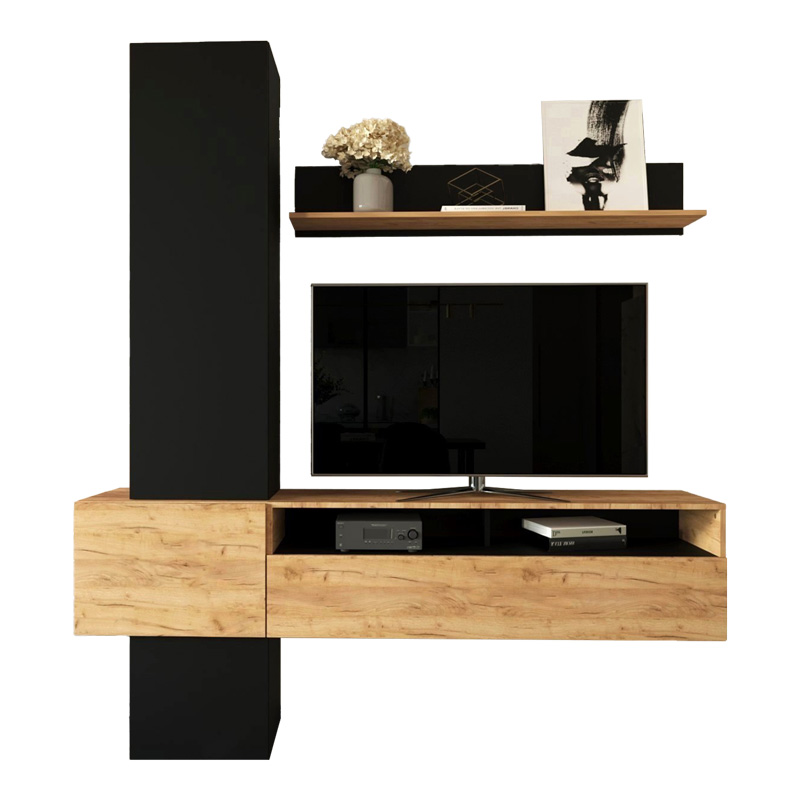 Σύνθετο σαλονιού Wendy pakoworld σε oak-μαύρη απόχρωση 195.1x37.3x219.1εκ **