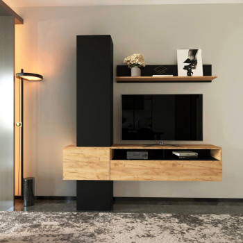 Σύνθετο σαλονιού Wendy pakoworld σε oak-μαύρη απόχρωση 195.1x37.3x219.1εκ **