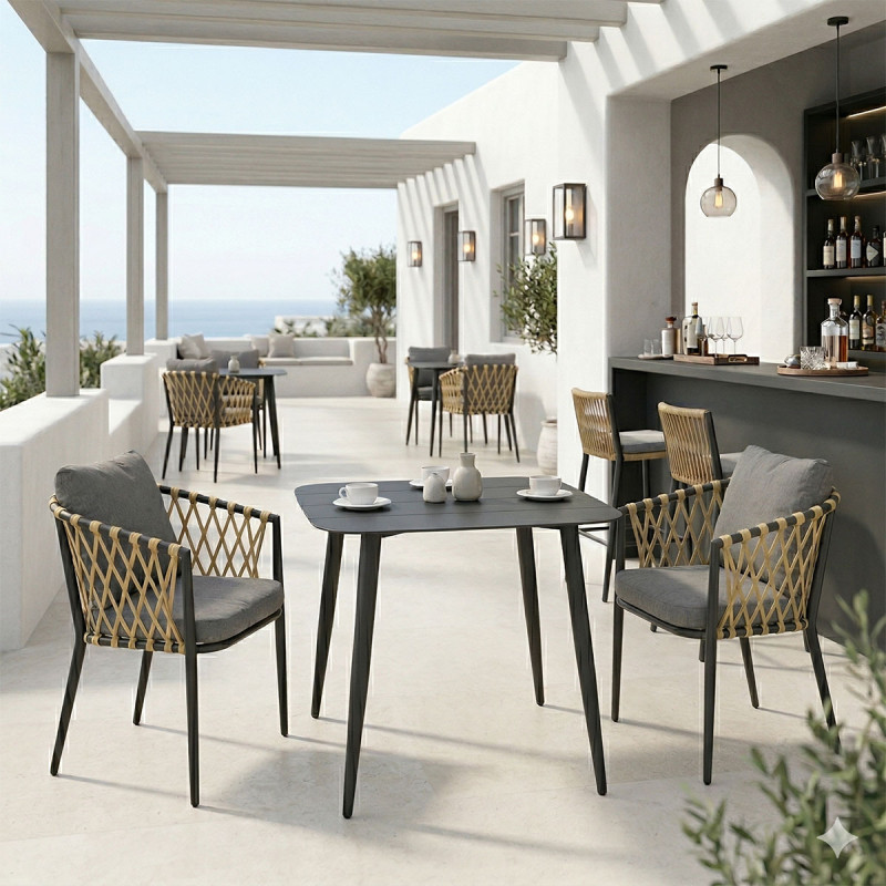 Τραπεζαρία Peluxe Vista pakoworld σετ 3τεμ ανθρακί αλουμίνιο με PE σχοινί σε φυσική απόχρωση και μαξιλάρια 80x80x72εκ ** Τραπεζαρία Peluxe Vista pakoworld σετ 3τεμ ανθρακί αλουμίνιο με PE σχοινί σε φυσική απόχρωση και μαξιλάρια 80x80x72εκ **