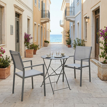 Τραπεζαρία Bistro Confidence σετ 3τεμ pakoworld ανθρακί μέταλλο με γκρι textilene Φ60x71εκ ** Τραπεζαρία Bistro Confidence σετ 3τεμ pakoworld ανθρακί μέταλλο με γκρι textilene Φ60x71εκ **
