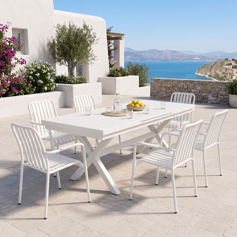 Τραπεζαρία Dagyn Vista pakoworld σετ 7τεμ λευκό αλουμίνιο 180-240x90x76εκ **