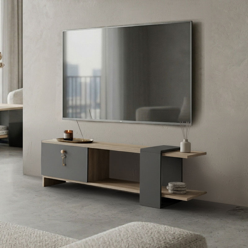Έπιπλο τηλεόρασης Standi pakoworld σε sonoma-ανθρακί 120x25x36.8εκ ** Έπιπλο τηλεόρασης Standi pakoworld σε sonoma-ανθρακί 120x25x36.8εκ **