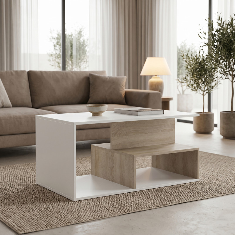 Τραπέζι σαλονιού Kelena pakoworld sonoma-λευκό 90x51x43εκ ** Τραπέζι σαλονιού Kelena pakoworld sonoma-λευκό 90x51x43εκ **