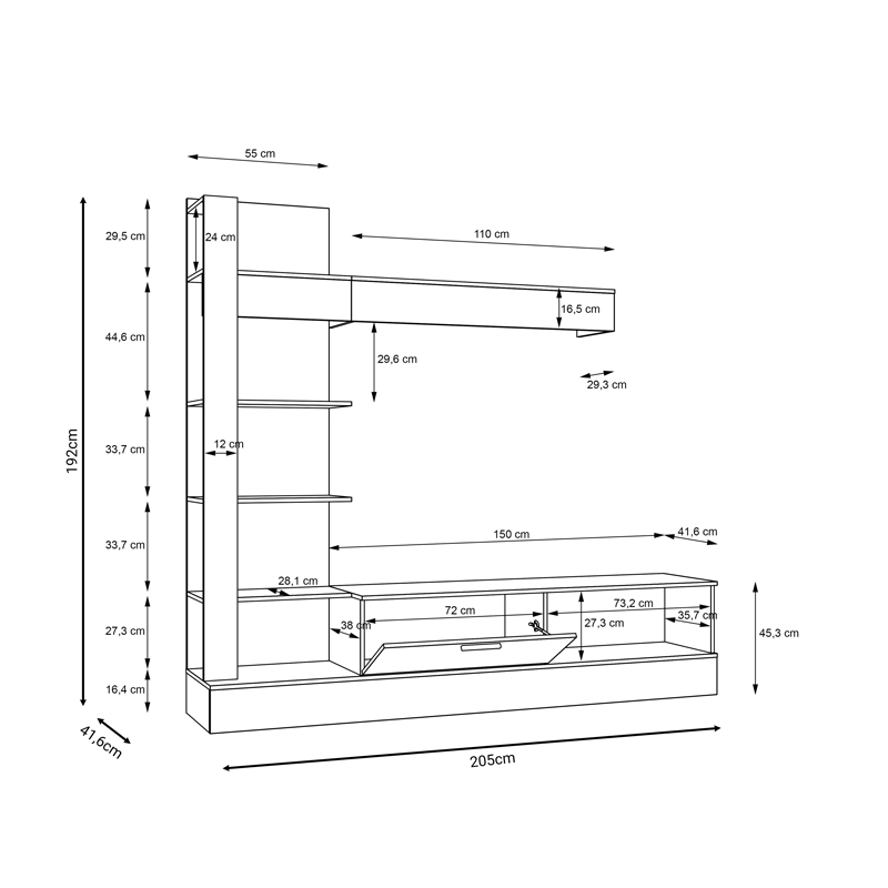 Σύνθετο σαλονιού Dranko pakoworld μαύρο-oak μελαμίνης 205x41.5x192εκ ** Σύνθετο σαλονιού Dranko pakoworld μαύρο-oak μελαμίνης 205x41.5x192εκ **