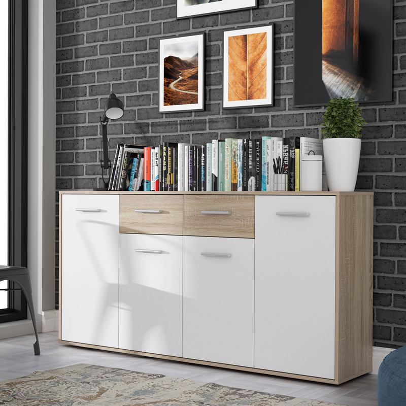 Μπουφές Drepen pakoworld μελαμίνη σε λευκό και sonoma χρώμα 162.3x34.2x81.7εκ ** Μπουφές Drepen pakoworld μελαμίνη σε λευκό και sonoma χρώμα 162.3x34.2x81.7εκ **