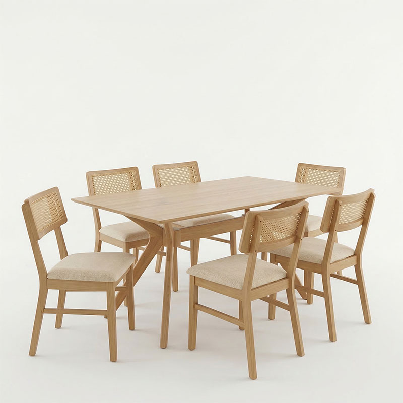 Τραπεζαρία Raffles pakoworld σετ 7τεμ rubberwood με pe rattanσε φυσική απόχρωση 150x90x76εκ **