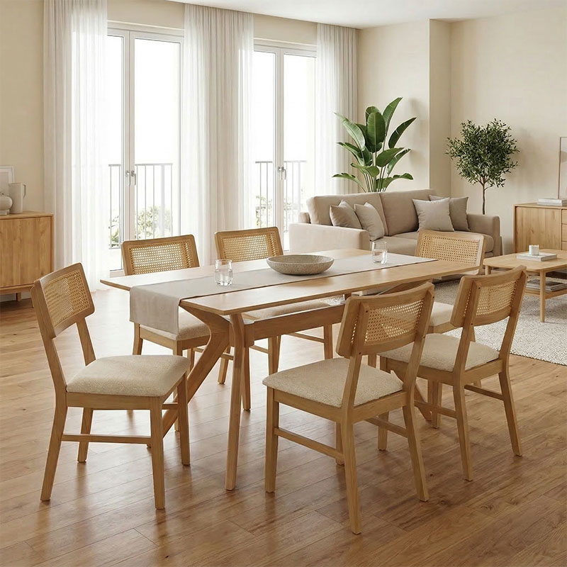 Τραπεζαρία Raffles pakoworld σετ 7τεμ rubberwood με pe rattanσε φυσική απόχρωση 150x90x76εκ **