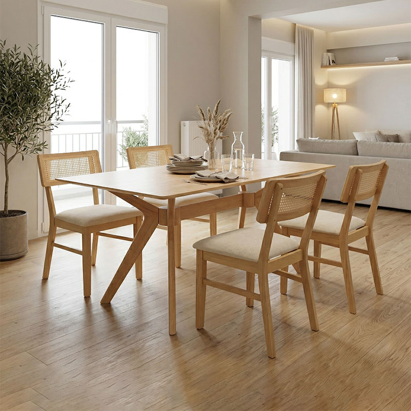 Τραπεζαρία Raffles pakoworld σετ 5τεμ rubberwood με pe rattanσε φυσική απόχρωση 150x90x76εκ **