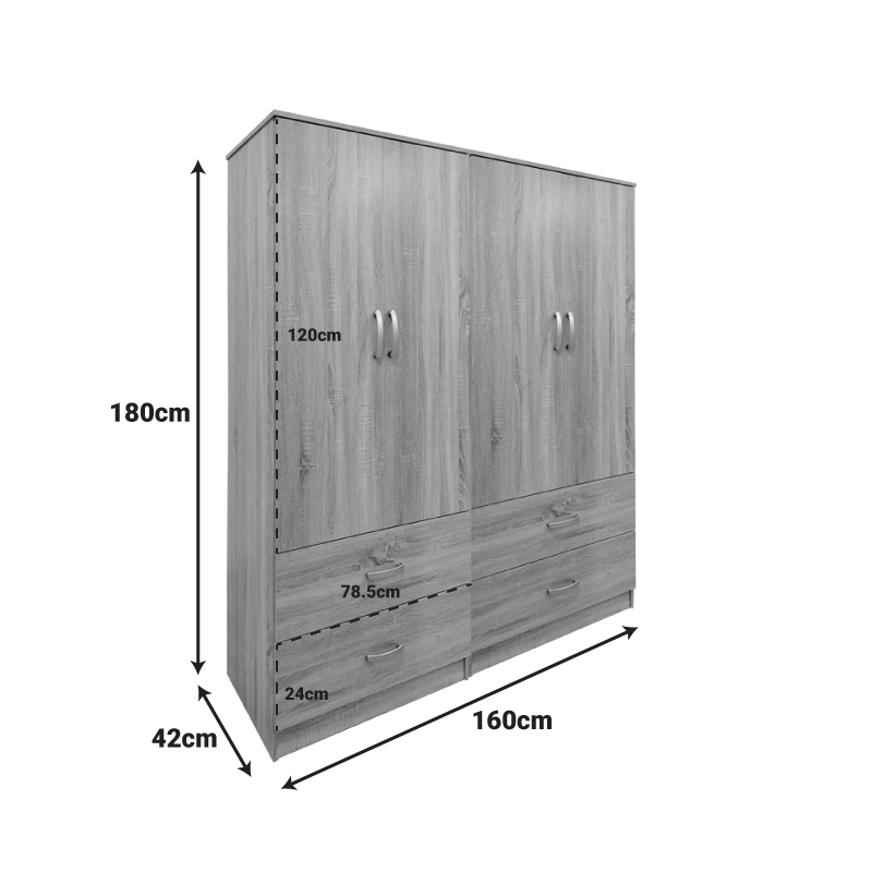 Ντουλάπα τετράφυλλη με συρτάρια Athos pakoworld sonoma 160x42x180εκ **