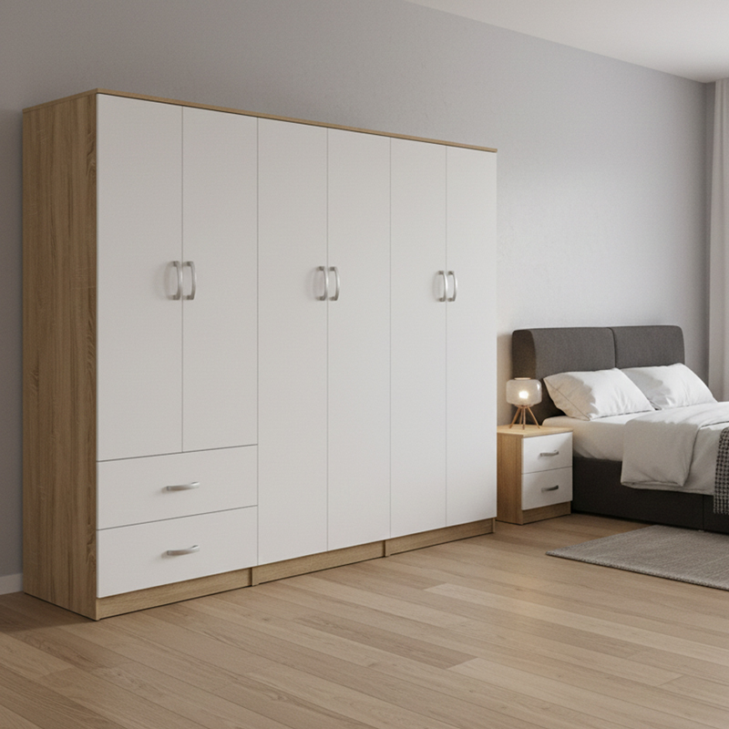 Ντουλάπα εξάφυλλη Athos I pakoworld sonoma-λευκό 240x42x180εκ ** Ντουλάπα εξάφυλλη Athos I pakoworld sonoma-λευκό 240x42x180εκ **