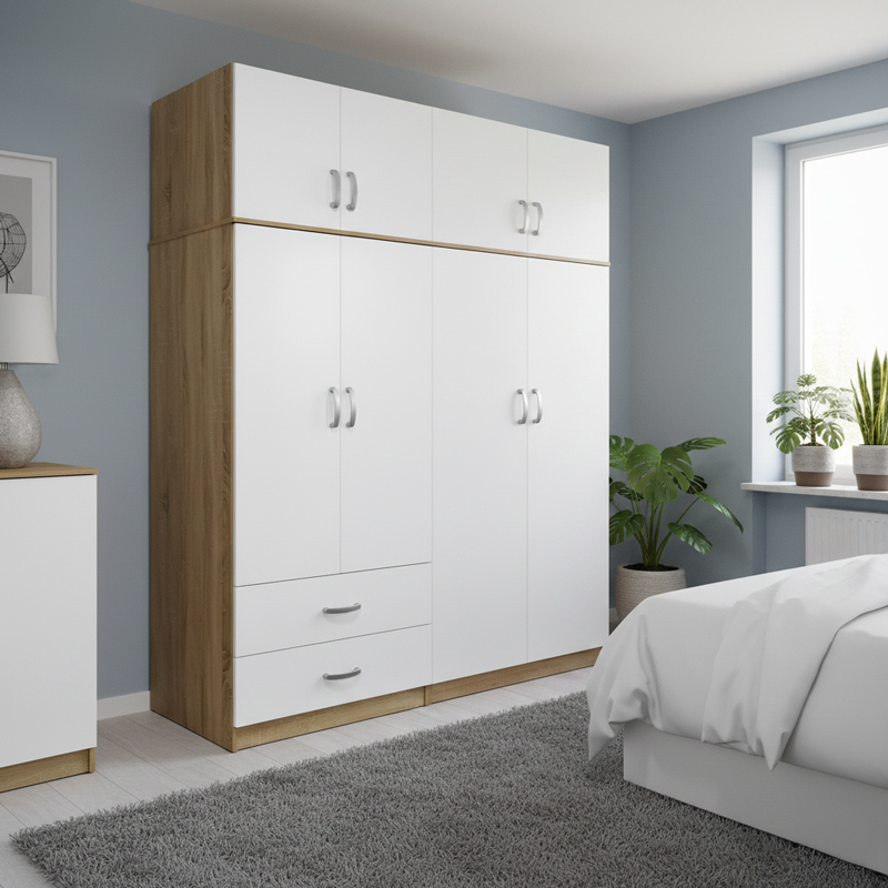 Ντουλάπα τετράφυλλη με πατάρι Athos pakoworld sonoma-λευκή 160x42x240εκ ** Ντουλάπα τετράφυλλη με πατάρι Athos pakoworld sonoma-λευκή 160x42x240εκ **