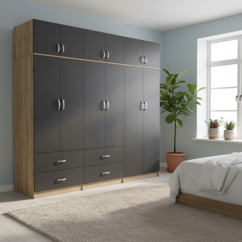 Ντουλάπα εξάφυλλη με πατάρι Athos pakoworld sonoma-ανθρακί 240x42x240εκ **